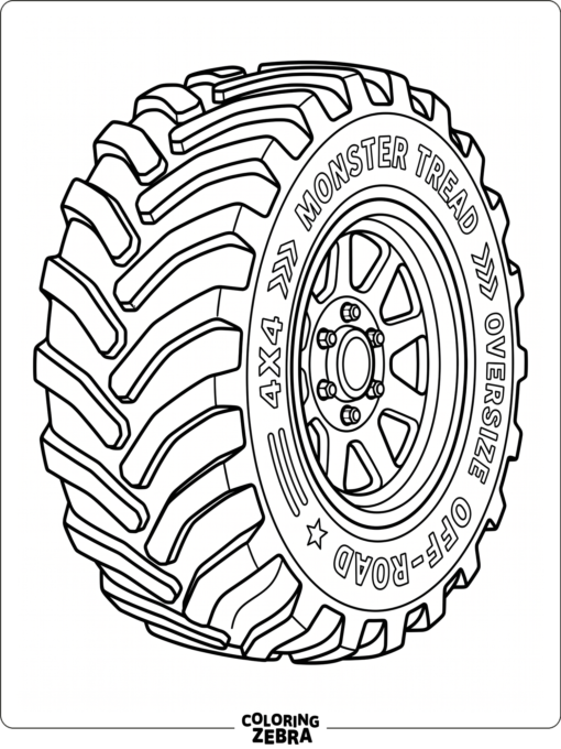 A giant monster truck tire with deep treads