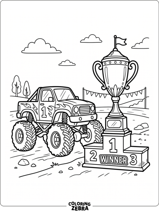 A monster truck next to a trophy