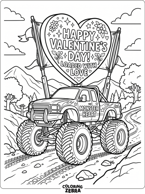 A monster truck with a giant heart banner