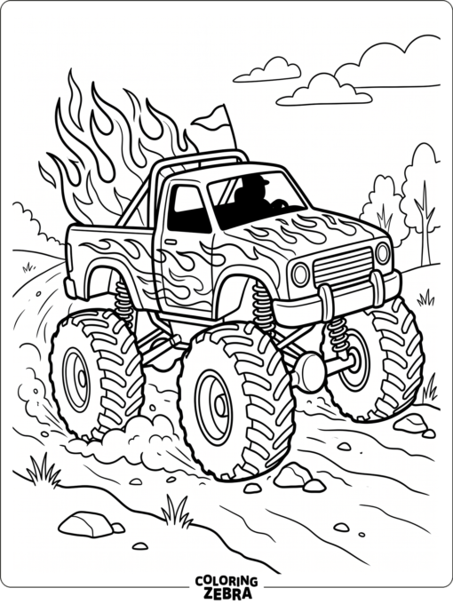 A monster truck with flames on the sides