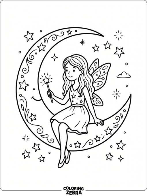 A fairy sitting on a crescent moon