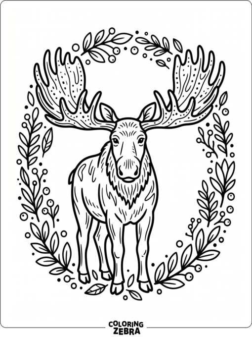 A moose with large antlers and a leafy border