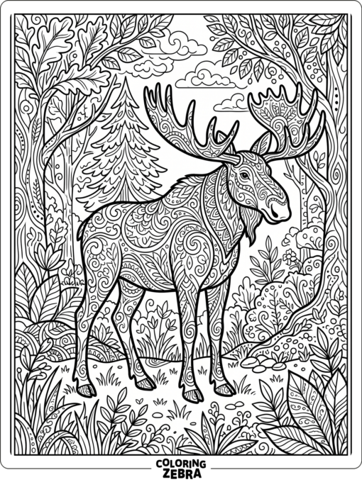 A decorative moose in a forest clearing