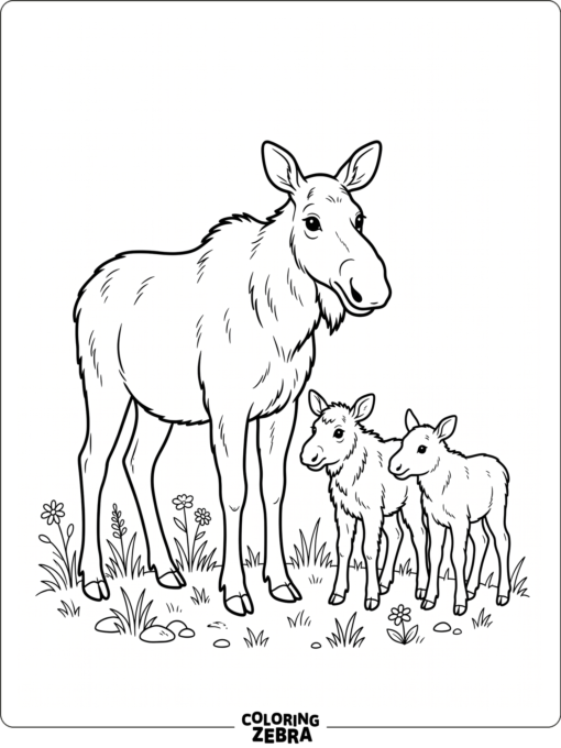 A moose family standing together in a meadow