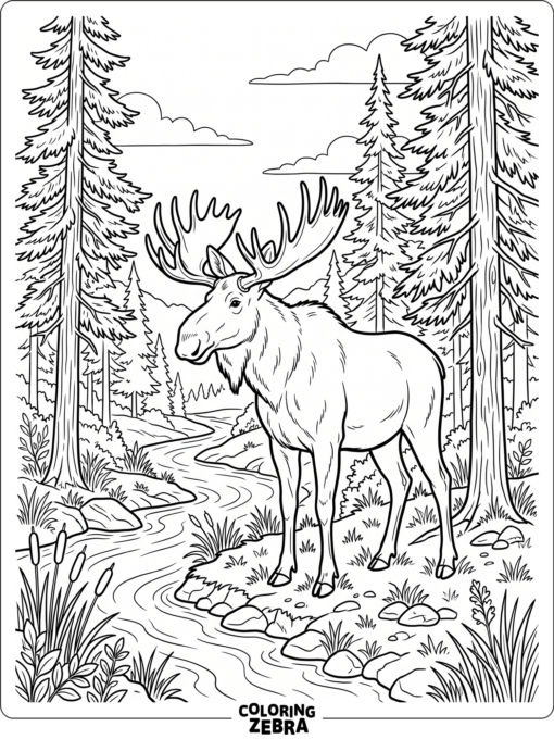 A moose in the forest near pines and water