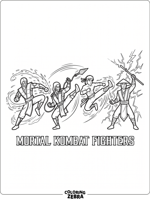 Mortal Kombat fighters in a clean lineup with bold outlines