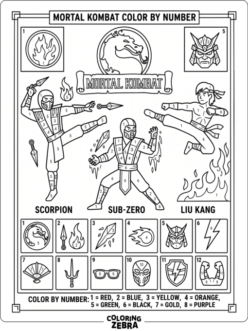 Mortal Kombat color by number sheet with fighters and symbols