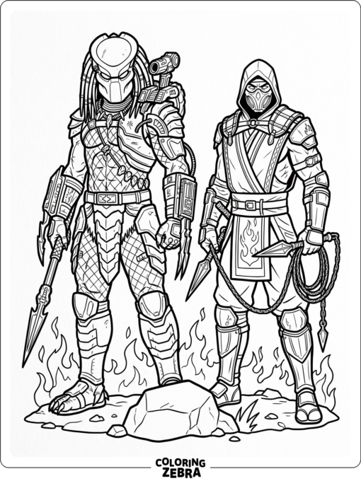 Predator beside a Mortal Kombat fighter in a simple crossover scene