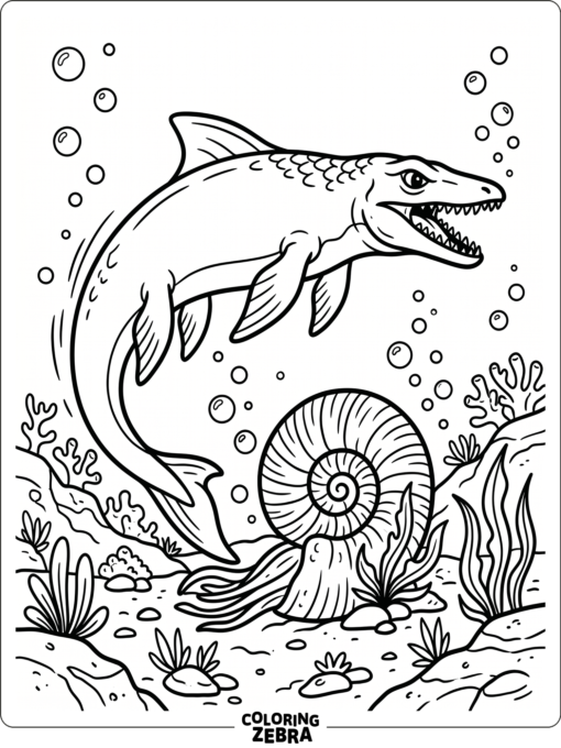 A mosasaurus near an ammonite shell