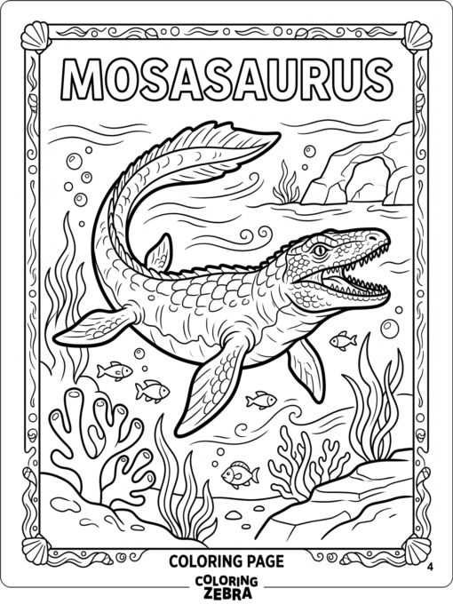 A mosasaurus in a neat black and white layout
