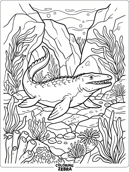 A mosasaurus near rocks and sea plants