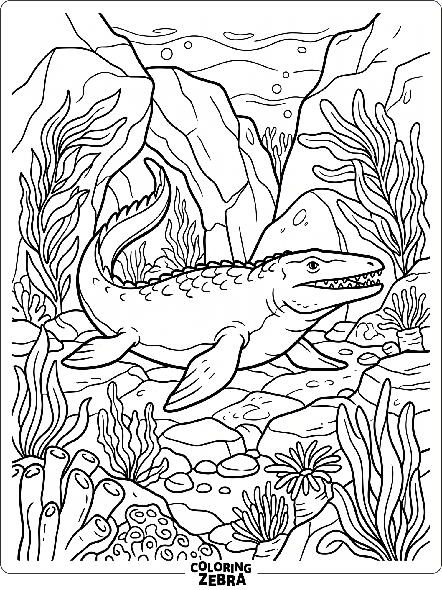 A mosasaurus near rocks and sea plants