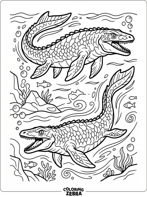 Two mosasaurs swimming in open water