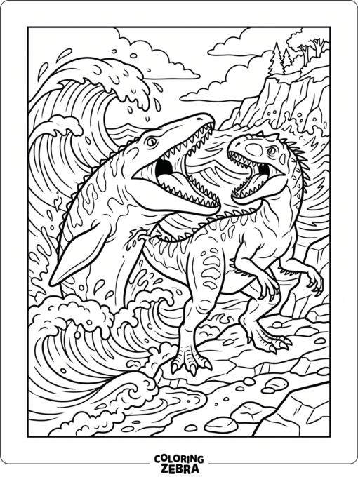 A mosasaurus biting an indominus rex in the water