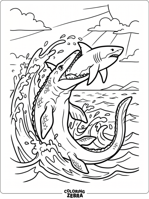 A mosasaurus biting a shark near the surface