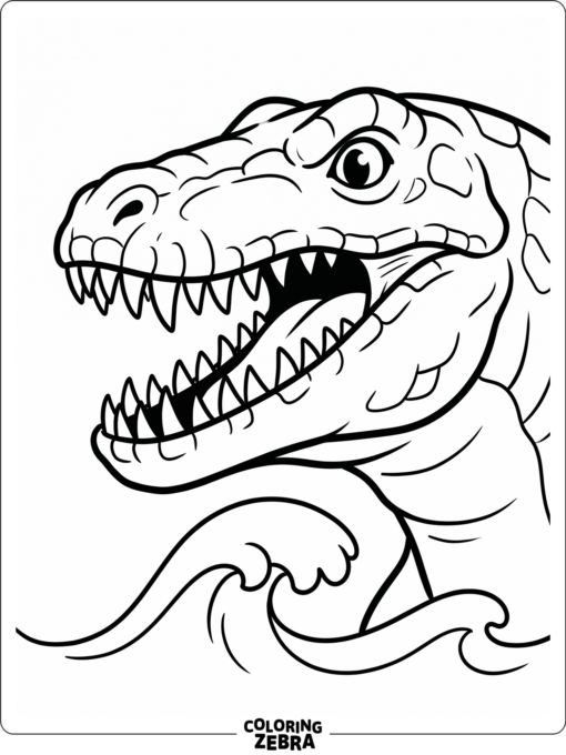 A close-up mosasaurus head with sharp teeth