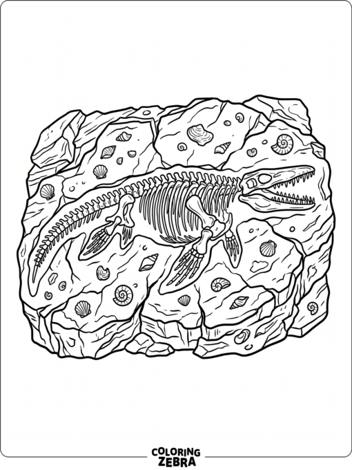 A mosasaurus fossil in layered stone