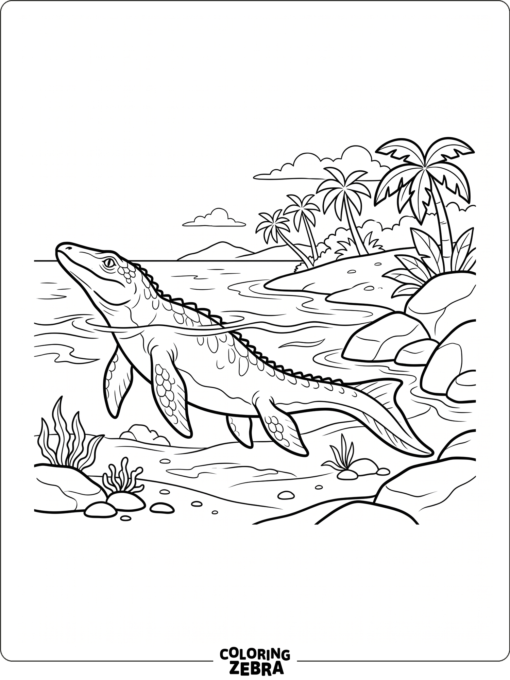 A mosasaurus swimming in a calm lagoon