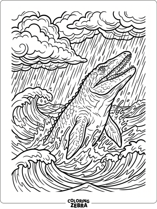 A mosasaurus in rough water beneath storm clouds