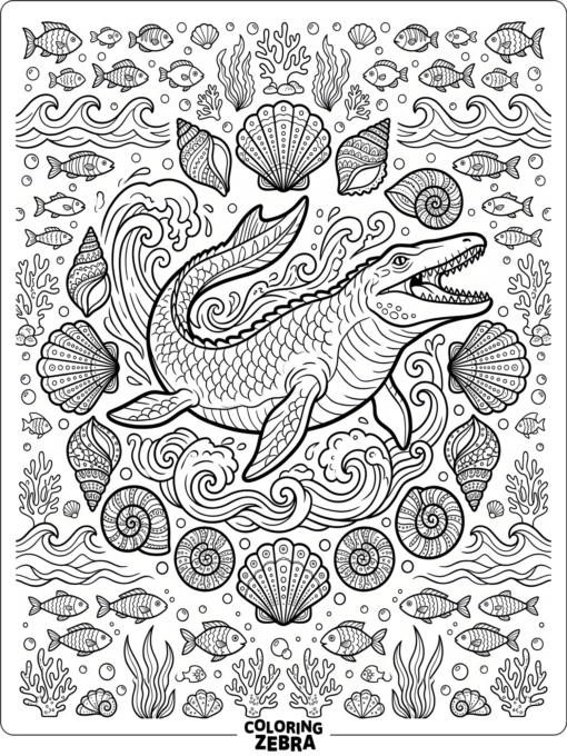 A mosasaurus with mandala style ocean patterns