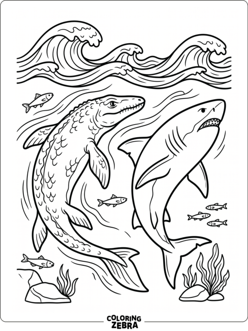 A mosasaurus swimming near a megalodon