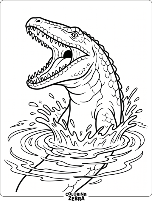 A mosasaurus with its mouth open above the waves