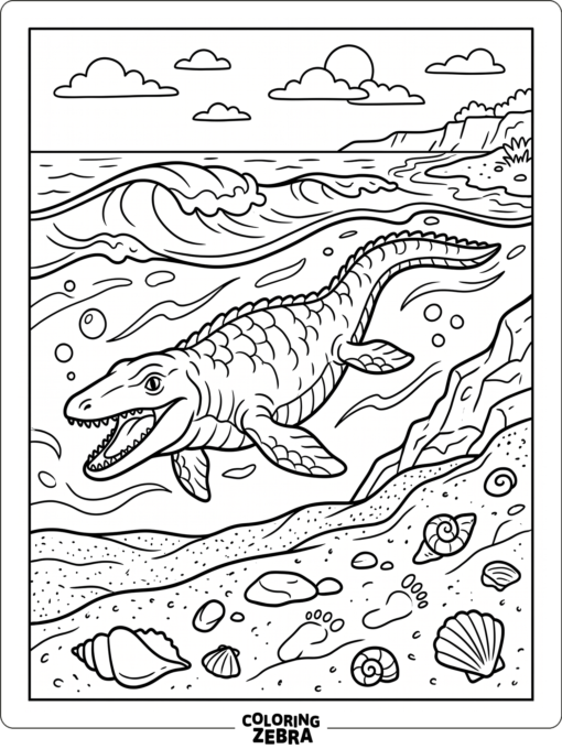 A mosasaurus near the beach beside soft waves