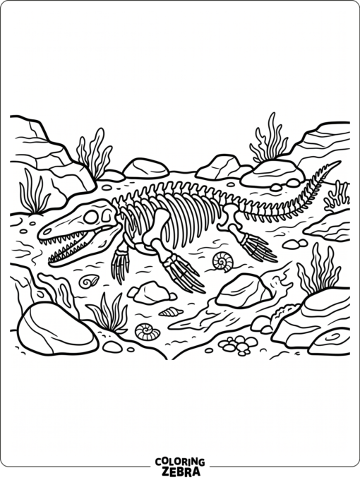 A mosasaurus skeleton on the ocean floor