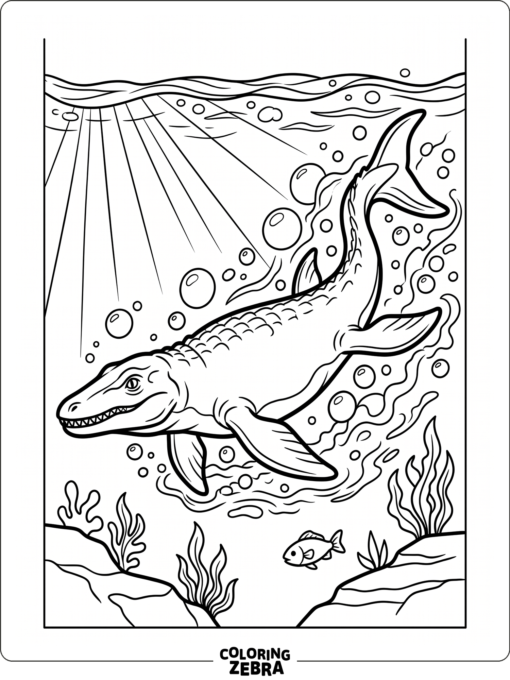 A mosasaurus gliding below the water surface