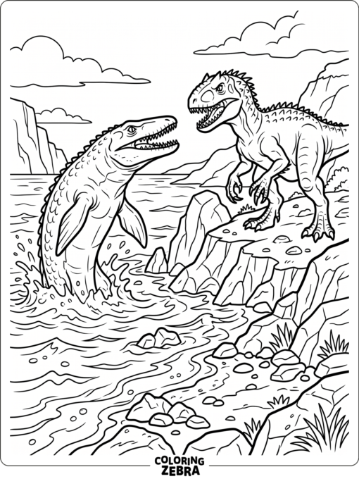 A mosasaurus facing an Indominus rex