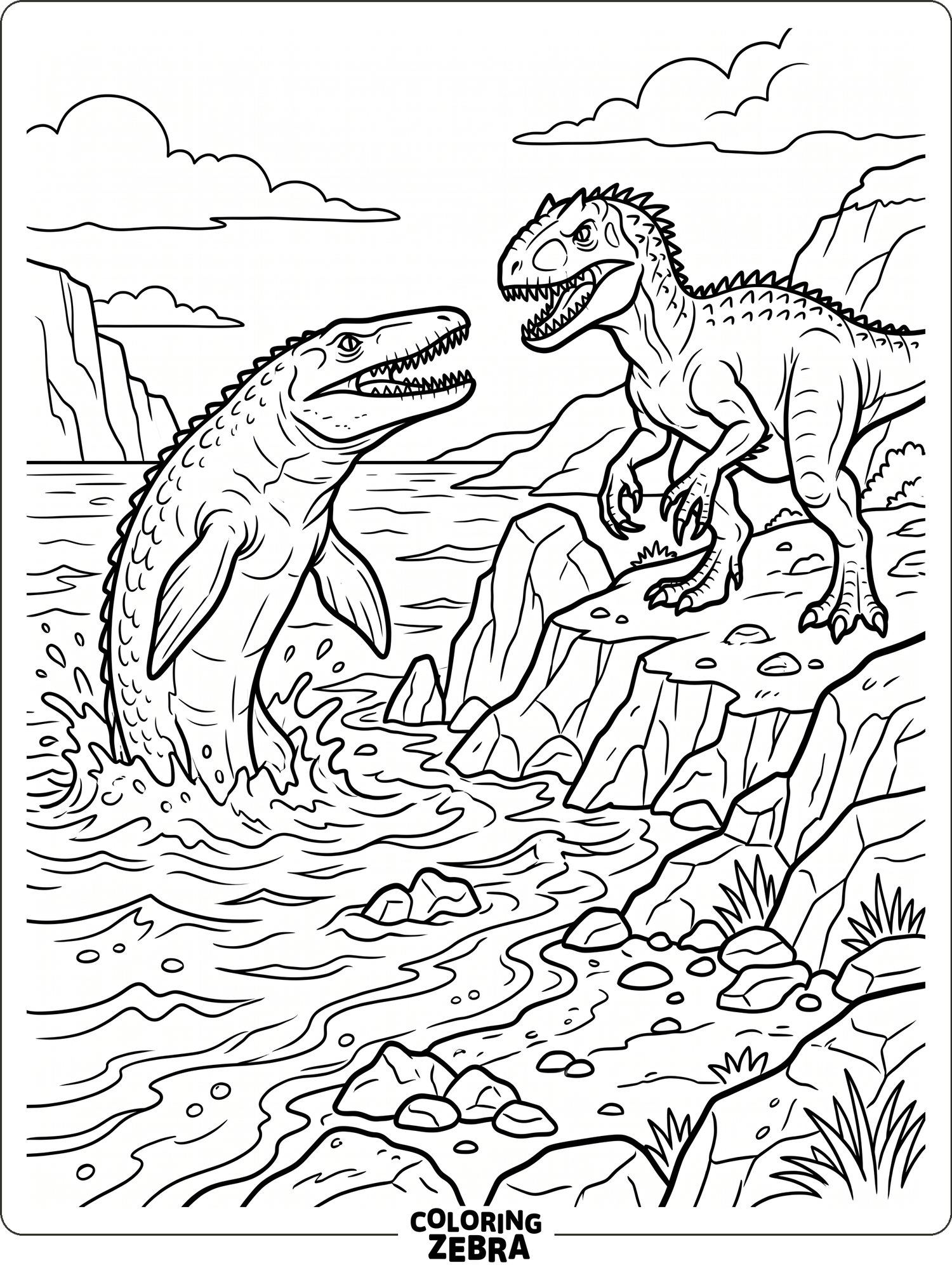 A fierce indominus rex stands on rock near broken trees