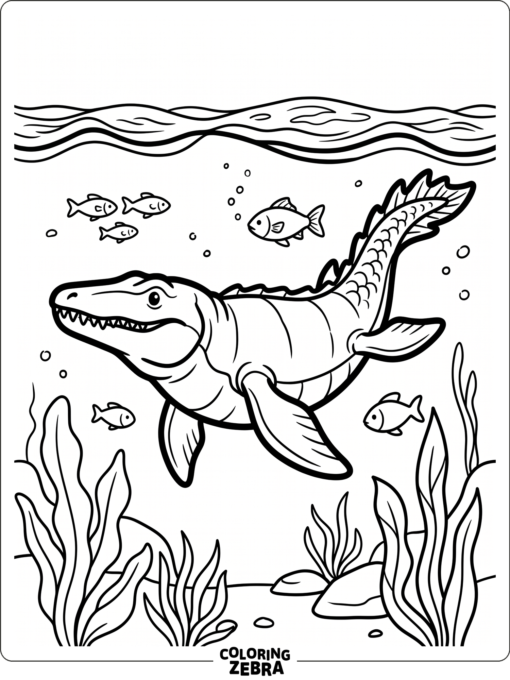 A mosasaurus swimming underwater with fish