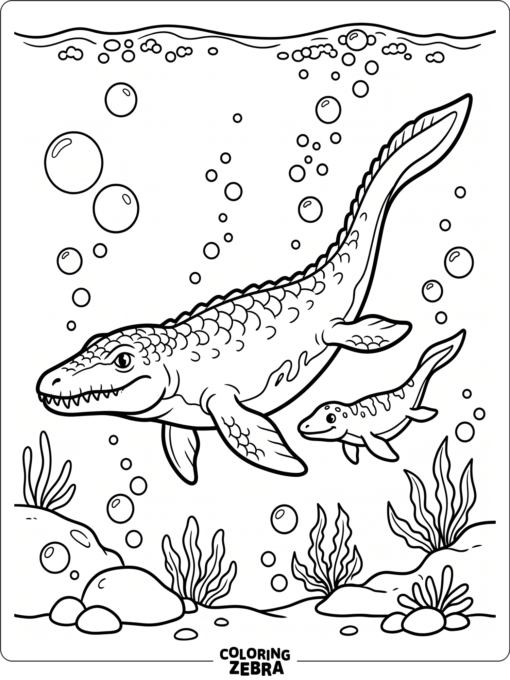 A large mosasaurus swimming with its baby