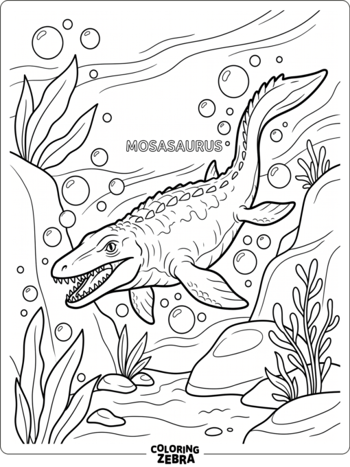 A mosasaurus surrounded by bubbles