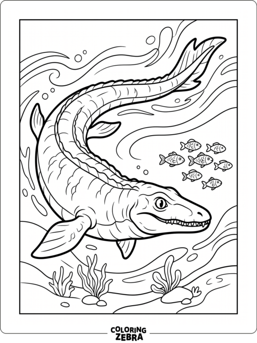 A mosasaurus swimming past a school of fish