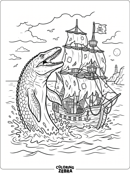 A mosasaurus near a pirate ship on the sea