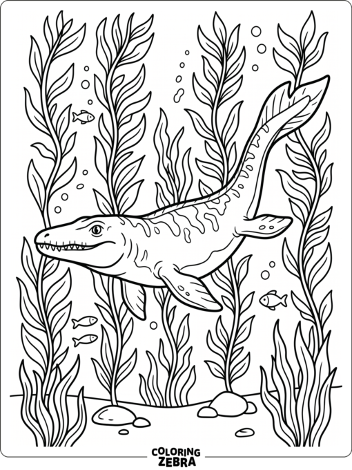 A mosasaurus swimming through seaweed