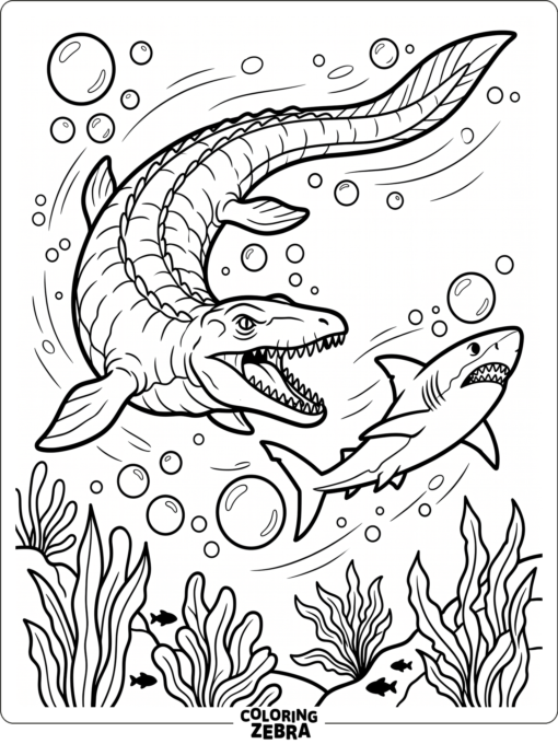 A mosasaurus swimming near a shark in open water