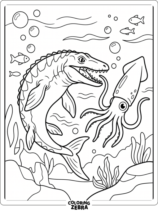 A mosasaurus swimming near a squid in clear water