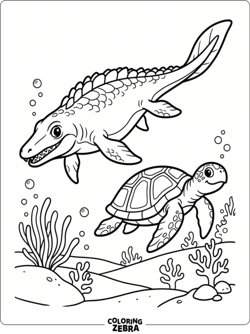 A mosasaurus swimming near a turtle above a sandy ocean floor