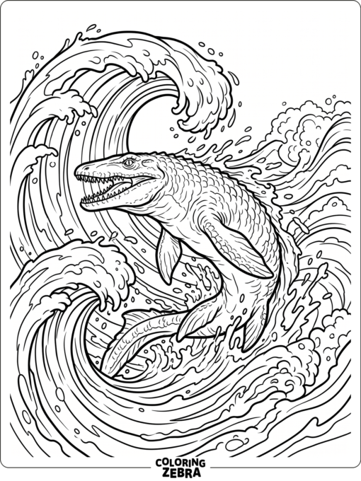 A mosasaurus swimming through big ocean waves