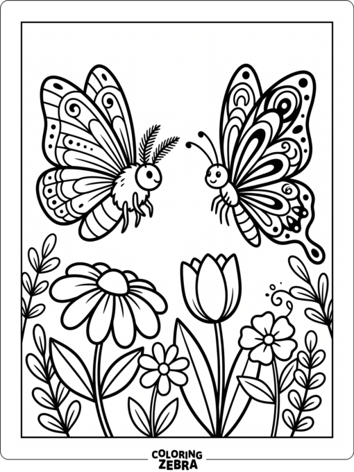 A moth and butterfly facing each other near flowers