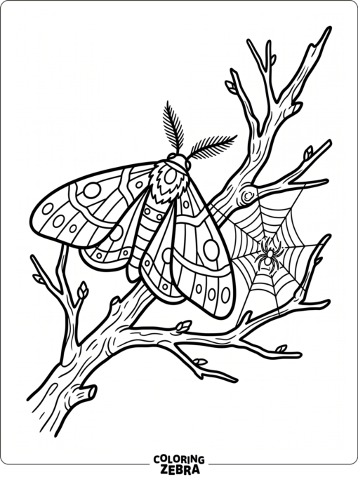 A moth near a spider web on a branch