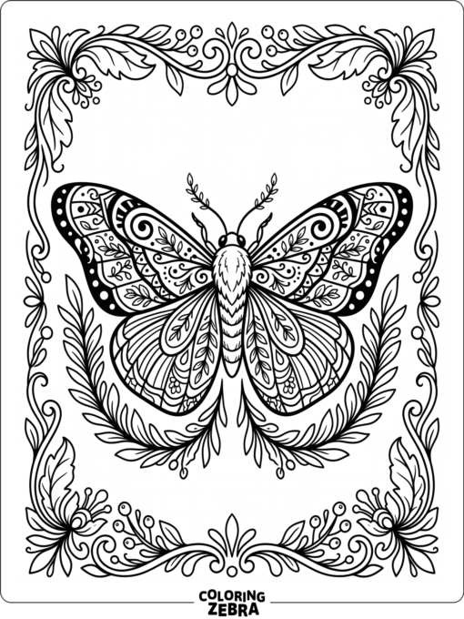 An ornate moth with decorative wings and leafy border accents