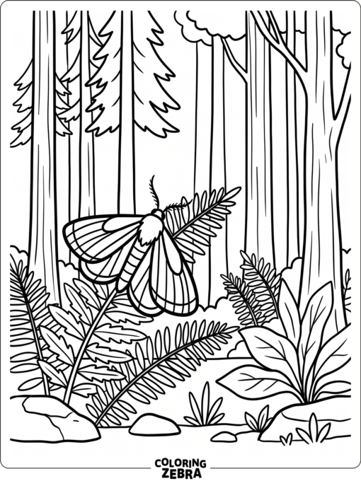 A moth resting in a forest with trees and ferns