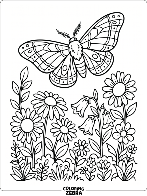 A moth flying above garden flowers and plants