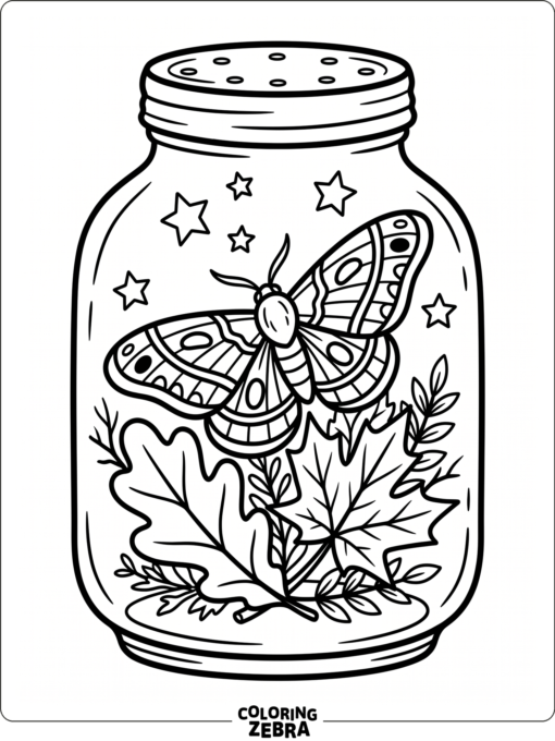 A moth inside a jar with leaves and stars