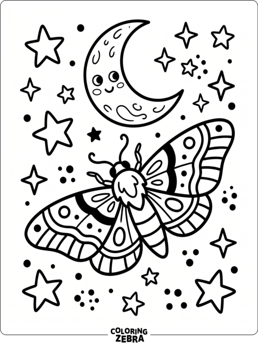 A moth flying beneath the moon and stars