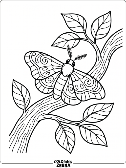 A moth resting on a curved branch with leaves