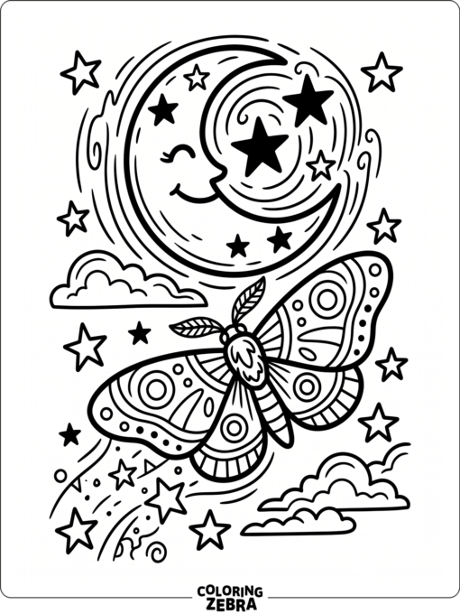 A moth flying beneath a crescent moon